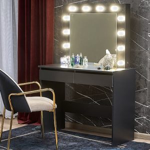 Черный туалетный столик с лампами вокруг зеркала Hollywood